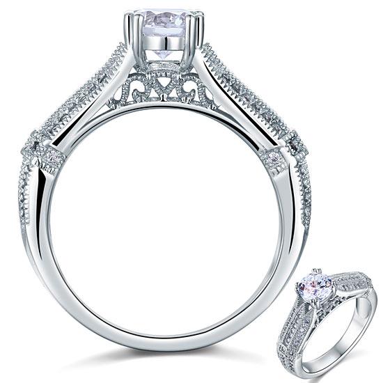 1.00ct Vintage Round Cut Diamond Engagement Ring, 925 Sterling Silver