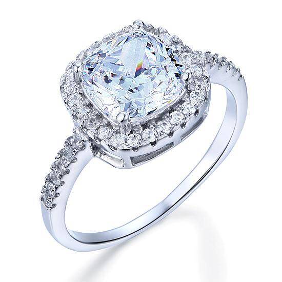3.00ct Cushion Cut Diamond Halo Engagement Ring, 925 Sterling Silver