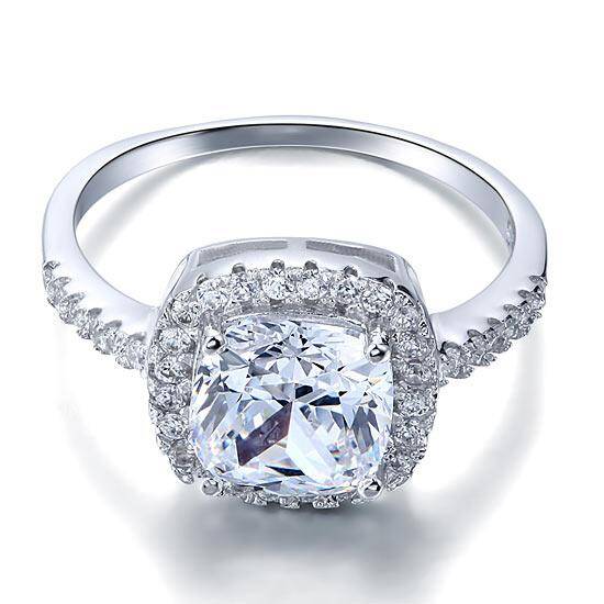 3.00ct Cushion Cut Diamond Halo Engagement Ring, 925 Sterling Silver