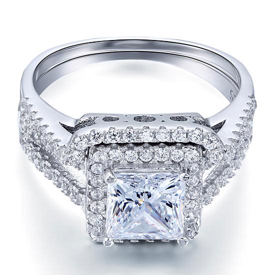 1.50ct Princess Cut Diamond Halo Bridal Ring Set, 925 Sterling Silver