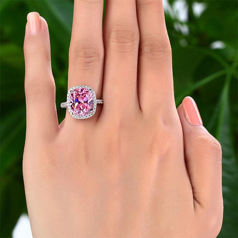 6.00ct Classic Cushion Cut Pink Diamond Halo Engagement Ring, Diamond Shoulders, 925 Silver