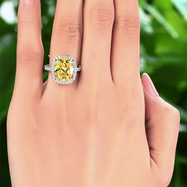 6.00ct Classic Cushion Cut Yellow Diamond Halo Engagement Ring, Diamond Shoulders, 925 Silver