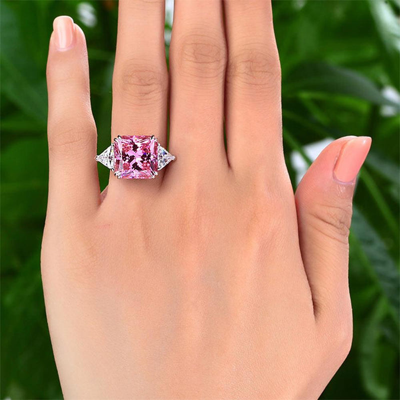 8.00ct Classic Radiant Cut Pink Diamond Engagement Ring, 925 Silver