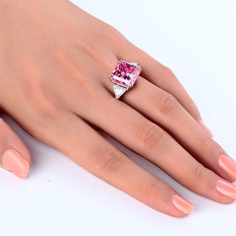 8.00ct Classic Radiant Cut Pink Diamond Engagement Ring, 925 Silver