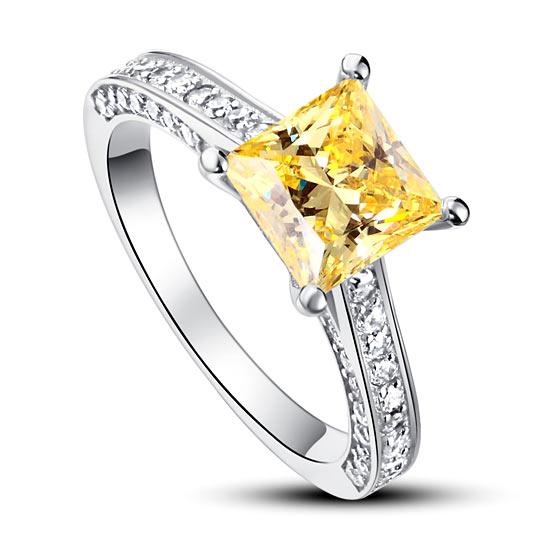 1.50ct Princess Cut Yellow Diamond Engagement Ring, 925 Sterling Silver