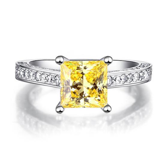 1.50ct Princess Cut Yellow Diamond Engagement Ring, 925 Sterling Silver
