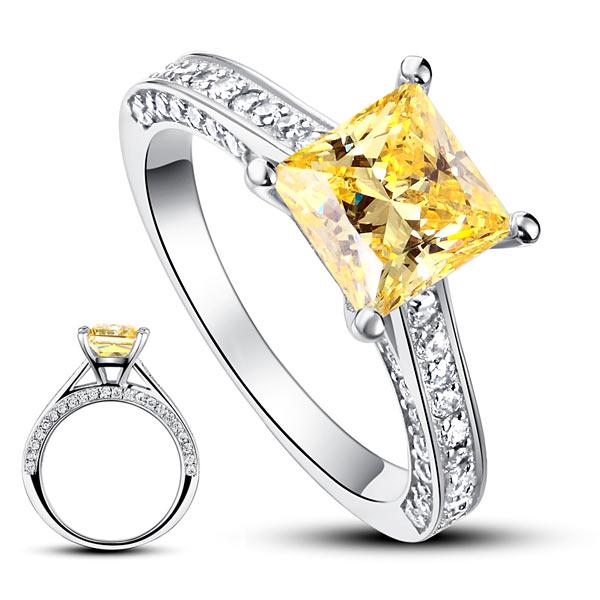 1.50ct Princess Cut Yellow Diamond Engagement Ring, 925 Sterling Silver