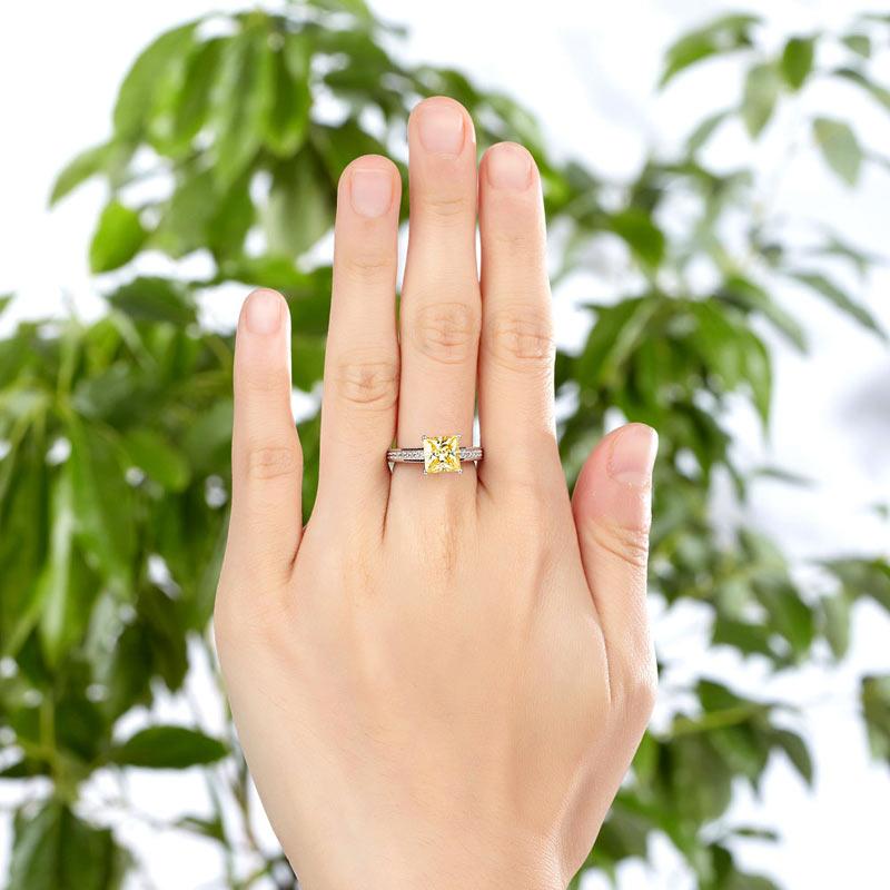 1.50ct Princess Cut Yellow Diamond Engagement Ring, 925 Sterling Silver
