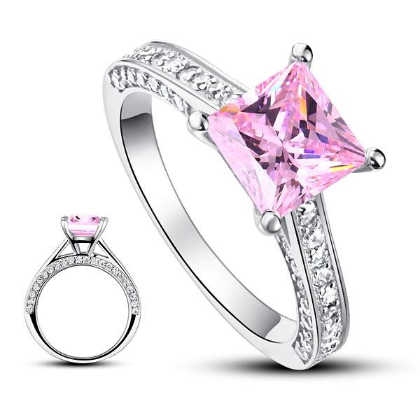 1.50ct Princess Cut Pink Diamond Engagement Ring, 925 Sterling Silver