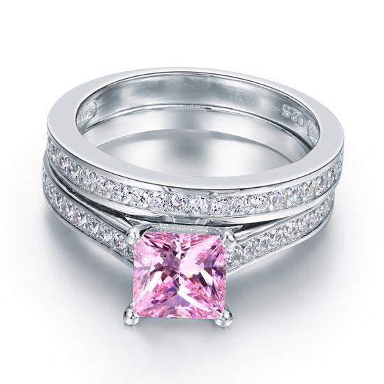 1.50ct Princess Cut Pink Diamond Bridal Set, 925 Sterling Silver