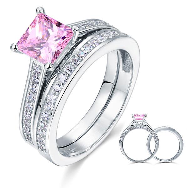1.50ct Princess Cut Pink Diamond Bridal Set, 925 Sterling Silver