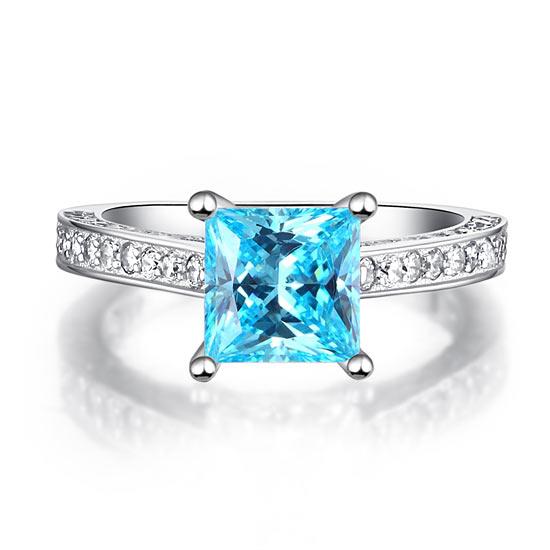 1.50ct Princess Cut Blue Diamond Engagement Ring, 925 Sterling Silver