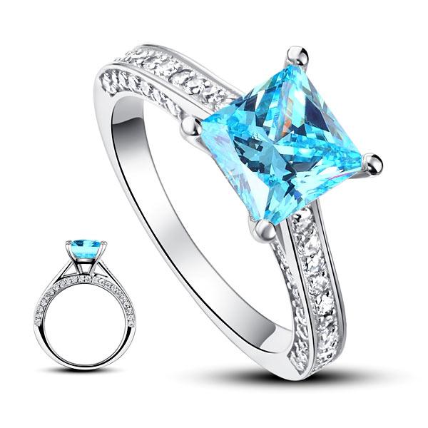 1.50ct Princess Cut Blue Diamond Engagement Ring, 925 Sterling Silver