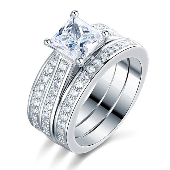 1.50ct Princess Cut Diamond Brdial Ring Set, 925 Sterling Silver