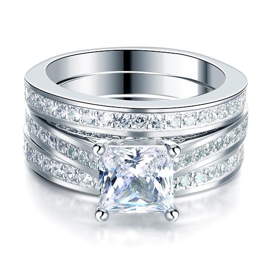 1.50ct Princess Cut Diamond Brdial Ring Set, 925 Sterling Silver