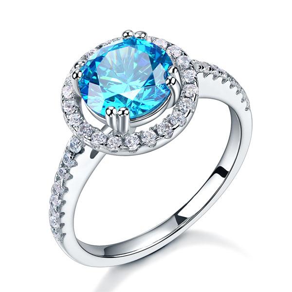 2.00ct Blue Diamond Halo Engagement Ring, 925 Sterling Silver