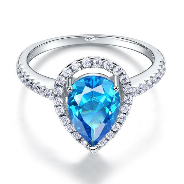 2.00ct Blue Pear Cut Diamond Engagement Ring, Diamond Halo, 925 Silver