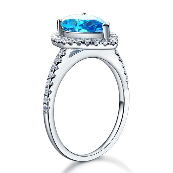 2.00ct Blue Pear Cut Diamond Engagement Ring, Diamond Halo, 925 Silver