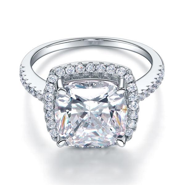 5.00ct Cushion Cut Diamond Halo Engagement Ring, 925 Sterling Silver