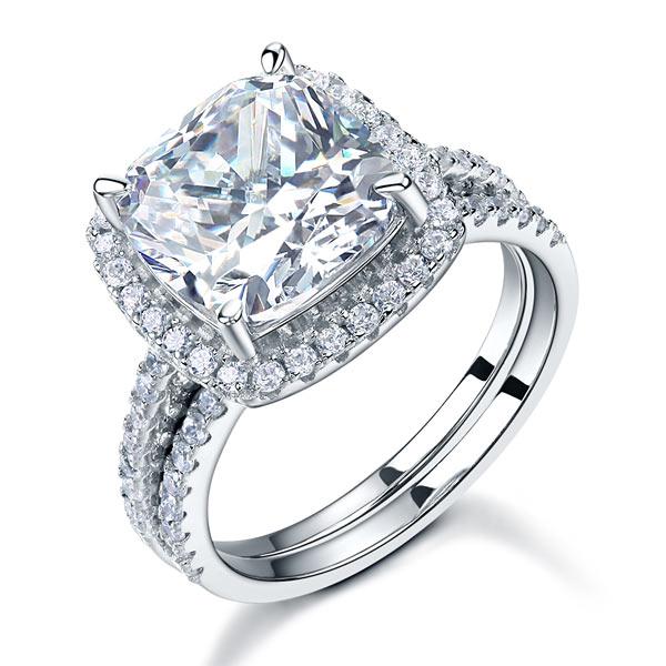 5.00ct Cushion Cut Diamond Halo Bridal Ring Set, 925 Sterling Silver