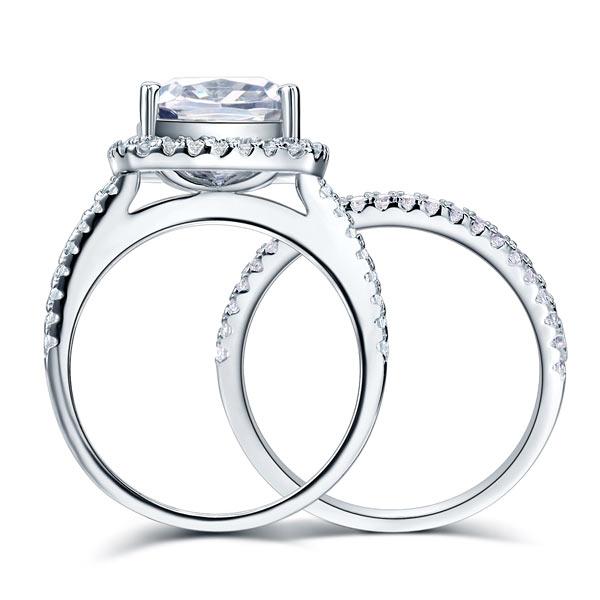 5.00ct Cushion Cut Diamond Halo Bridal Ring Set, 925 Sterling Silver