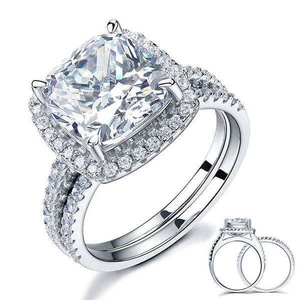 5.00ct Cushion Cut Diamond Halo Bridal Ring Set, 925 Sterling Silver