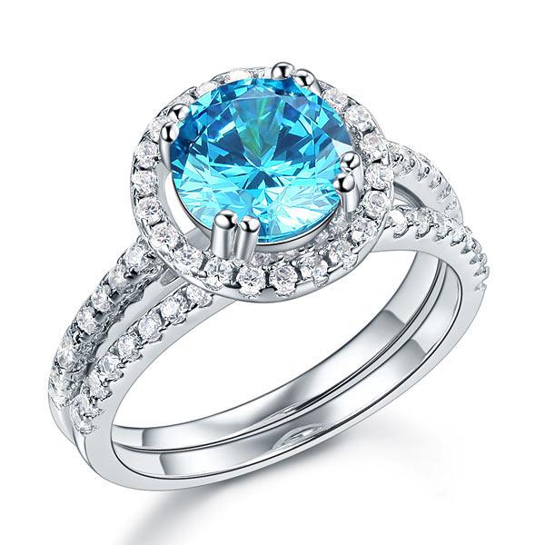 2.00ct Blue Diamond Halo, Bridal Ring Set, 925 Silver