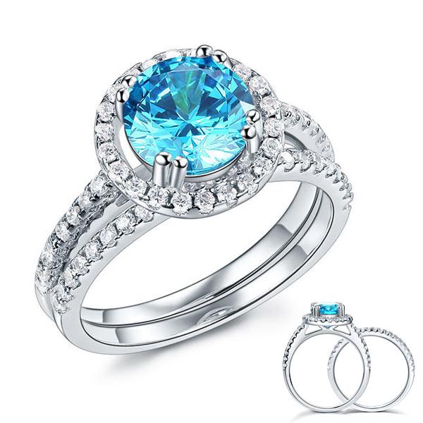 2.00ct Blue Diamond Halo, Bridal Ring Set, 925 Silver