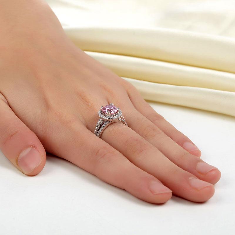 2.00ct Pink Diamond Halo, Bridal Ring Set, 925 Silver