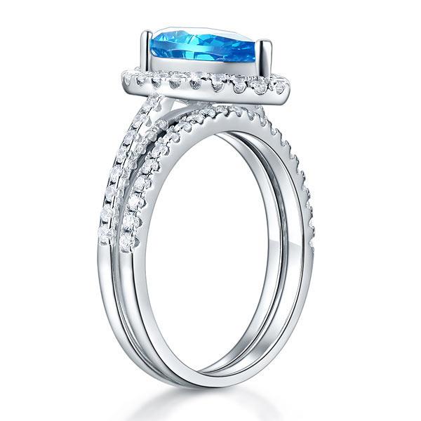 2.00ct Pear Cut Daimond Halo Ring, Fancy Blue Diamond, Bridal Ring Set