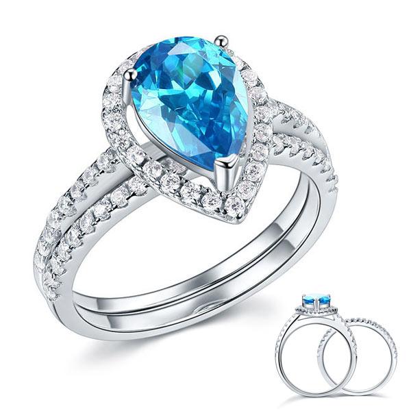 2.00ct Pear Cut Daimond Halo Ring, Fancy Blue Diamond, Bridal Ring Set