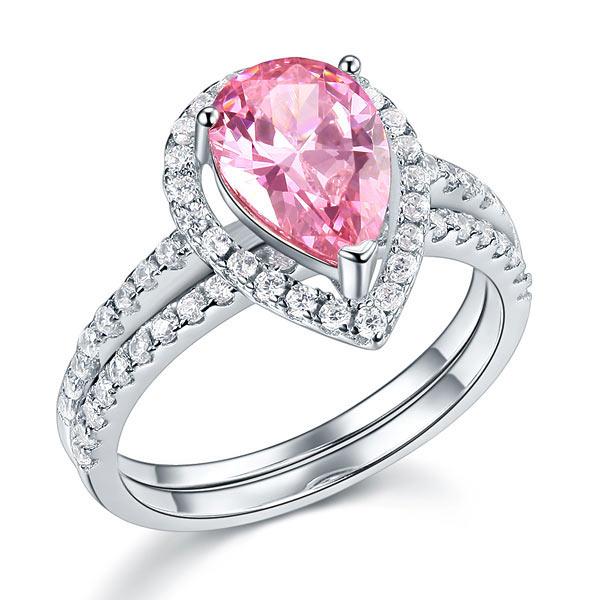 2.00ct Pear Cut Daimond Halo Ring, Fancy Pink Diamond, Bridal Ring Set