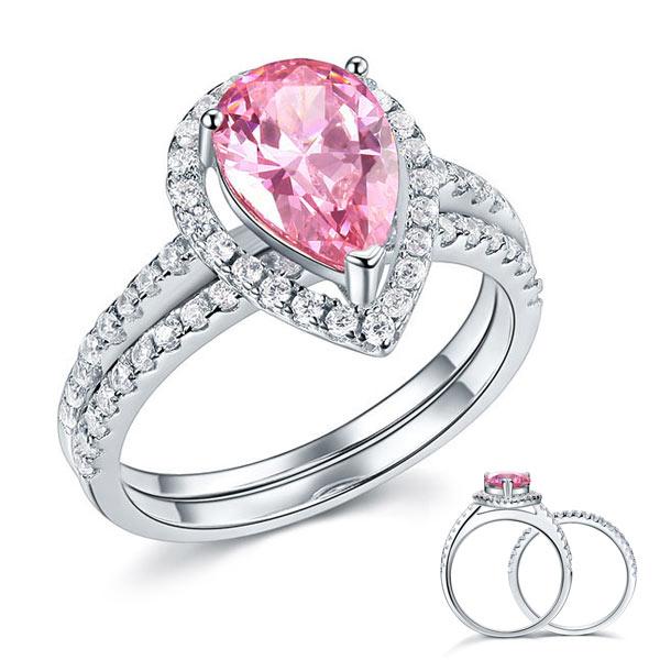 2.00ct Pear Cut Daimond Halo Ring, Fancy Pink Diamond, Bridal Ring Set