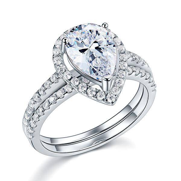 2.00ct Pear Cut Diamond Halo Bridal Ring Set, 925 Sterling Silver