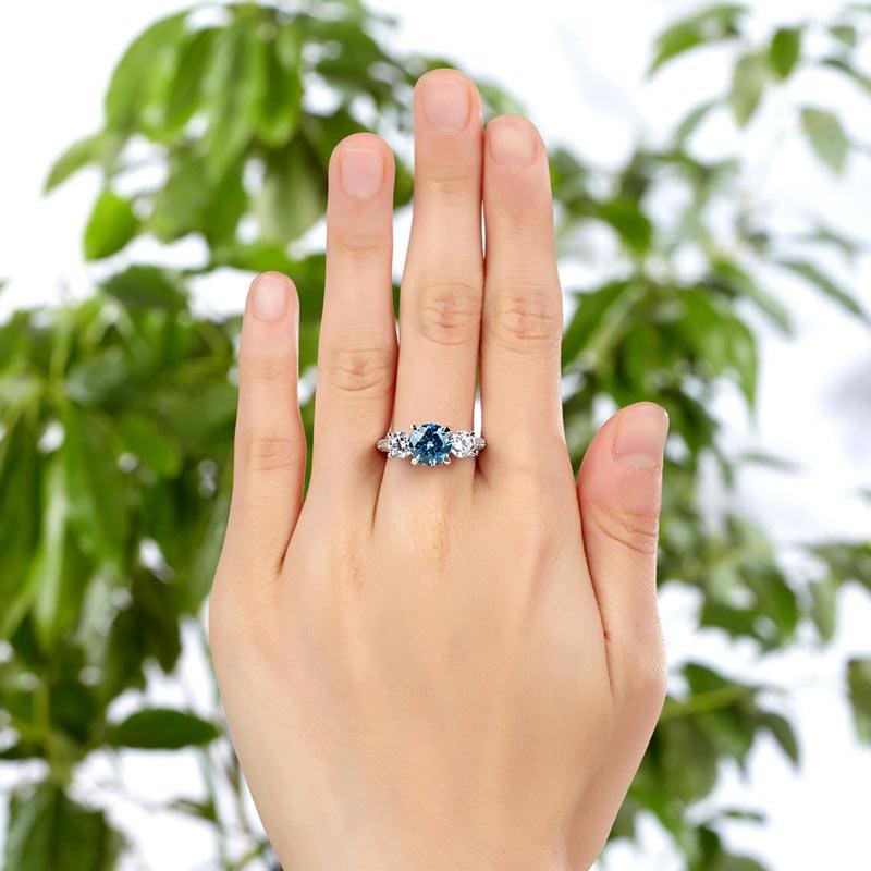 2.00ct Fancy Blue Diamond 3 Stone Engagement Ring, Brilliant Cut, 925 Silver