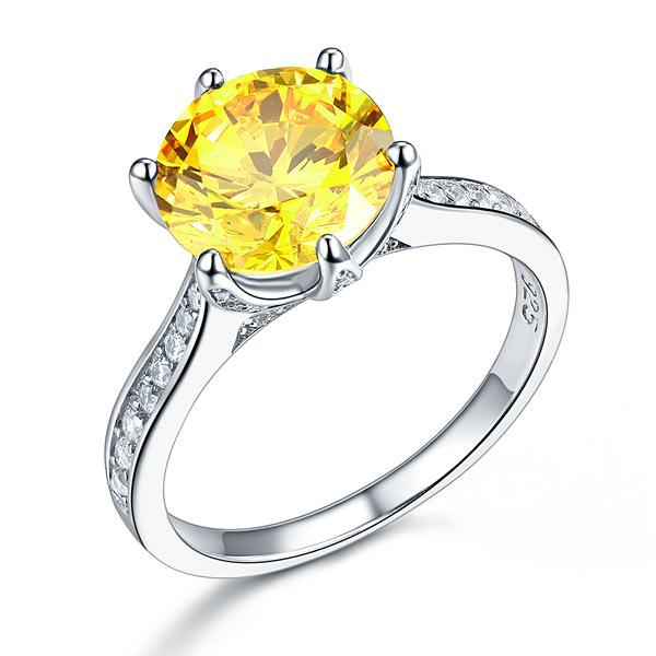 3.00ct Vivid Yellow Diamond Engagement Ring, Round Brilliant Cut, 925 Sterling Silver