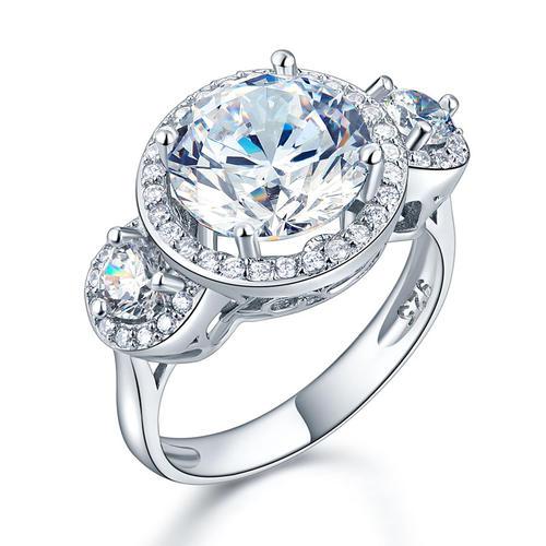 4.00ct Diamond Halo 3 Stone Engagement Ring, Round Brilliant Cut, 925 Silver