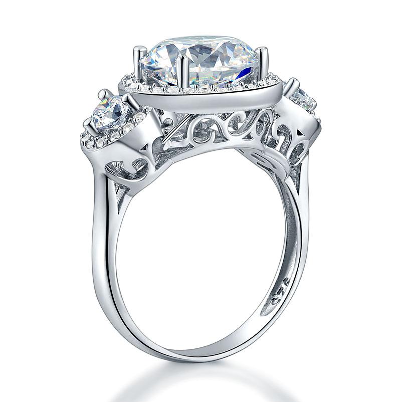 4.00ct Diamond Halo 3 Stone Engagement Ring, Round Brilliant Cut, 925 Silver