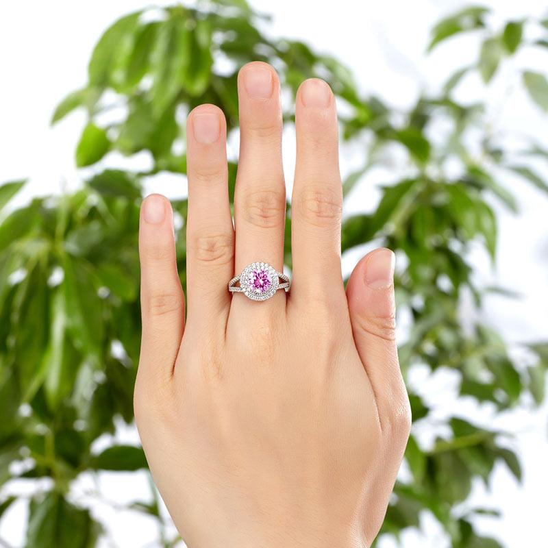 1.25ct Pink Diamond, Double Halo, Round Brilliant Cut Engagement Ring, 925 Sterling Silver