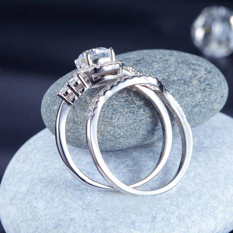 1.00ct Vintage Round Brilliant Cut Diamond Bridal Ring Set, 925 Sterling Silver