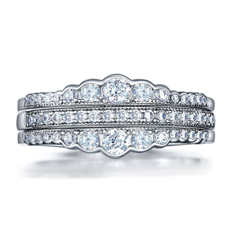 Vintage Diamond Wedding Band Ring Set 3-Pieces, 925 Sterling Silver