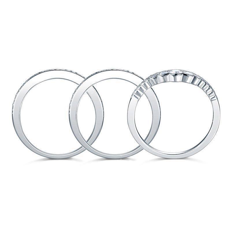 Vintage Diamond Wedding Band Ring Set 3-Pieces, 925 Sterling Silver