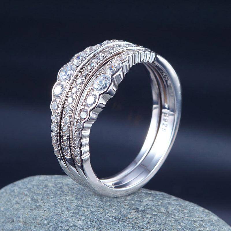 Vintage Diamond Wedding Band Ring Set 3-Pieces, 925 Sterling Silver