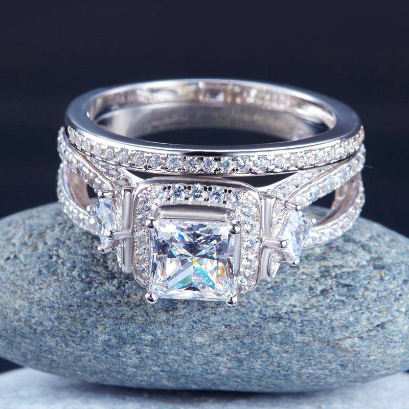 1.00ct Vintage Princess Cut Diamond Bridal Ring Set, 925 Sterling Silver