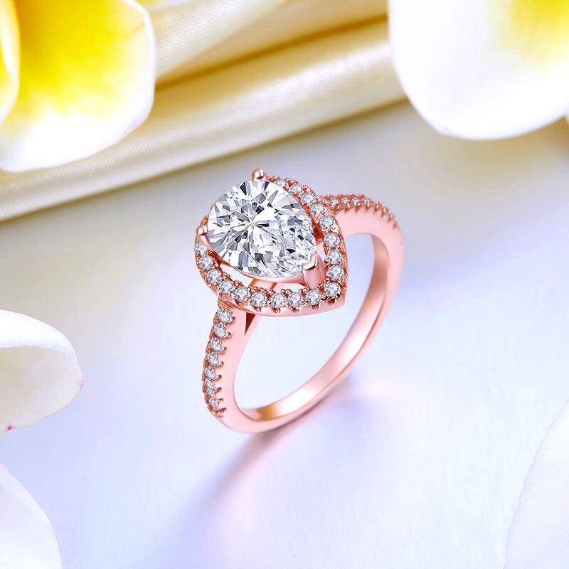 2.00ct Rose Gold Pear Diamond Halo Engagement Ring, 925 Silver