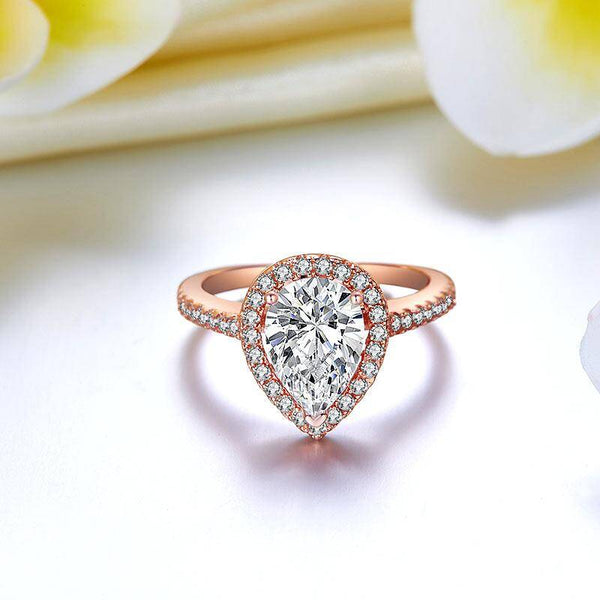 2.00ct Rose Gold Pear Diamond Halo Engagement Ring, 925 Silver