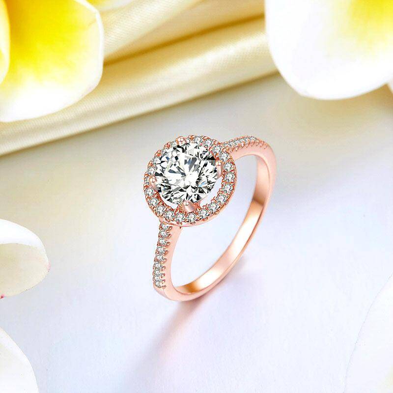 1.20ct Rose Gold, Round Brillaint Cut Diamond Halo Ring, 925 Sterling Silver Engagement Ring