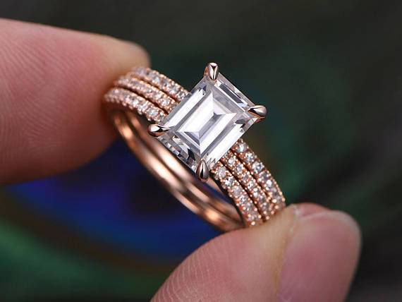 2.00ct Moissanite Ring Set, 3 Rings Total carat weight 2.00ct, Emerald Cut Colour F, Clarity VVS, Centre Stone 1.25ct