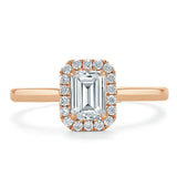 0.75ct Emerald Cut Moissanite Halo Engagement Ring, Available in White Gold or Platinum
