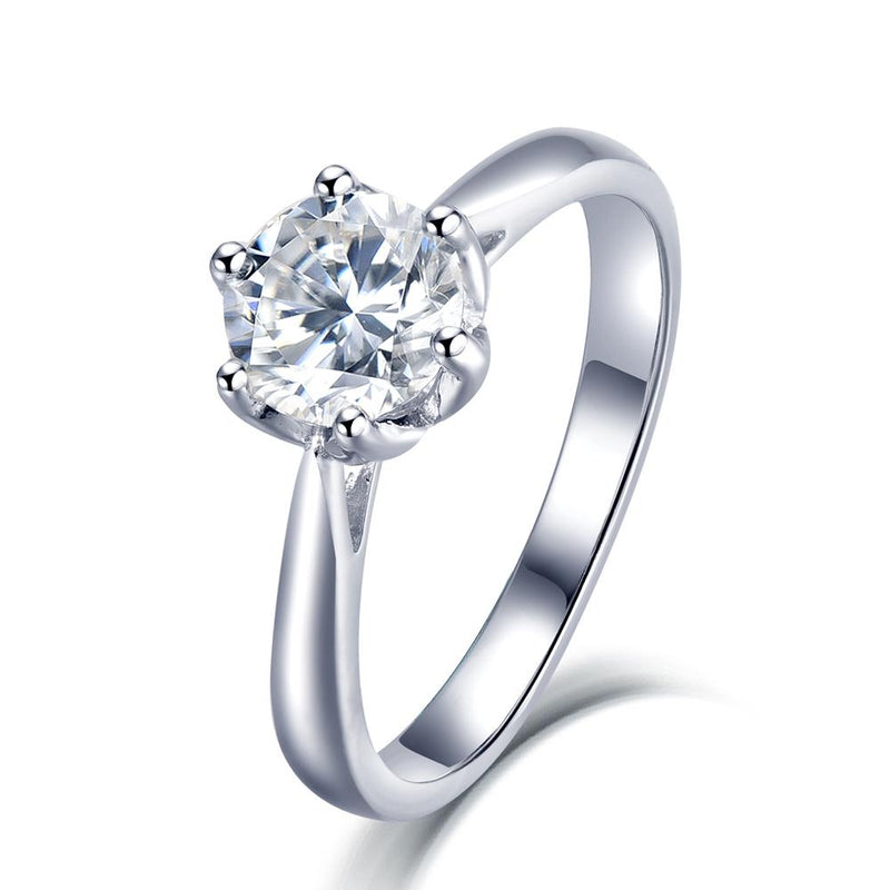 1.00ct Moissanite Engagement Ring, Classic Six Claw Design, Sterling Silver & Platinum